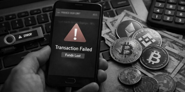 Smartphone displaying a ‘transaction failed, and funds lost' warning, beside physical cryptocurrency coins and dollar bills on a laptop.